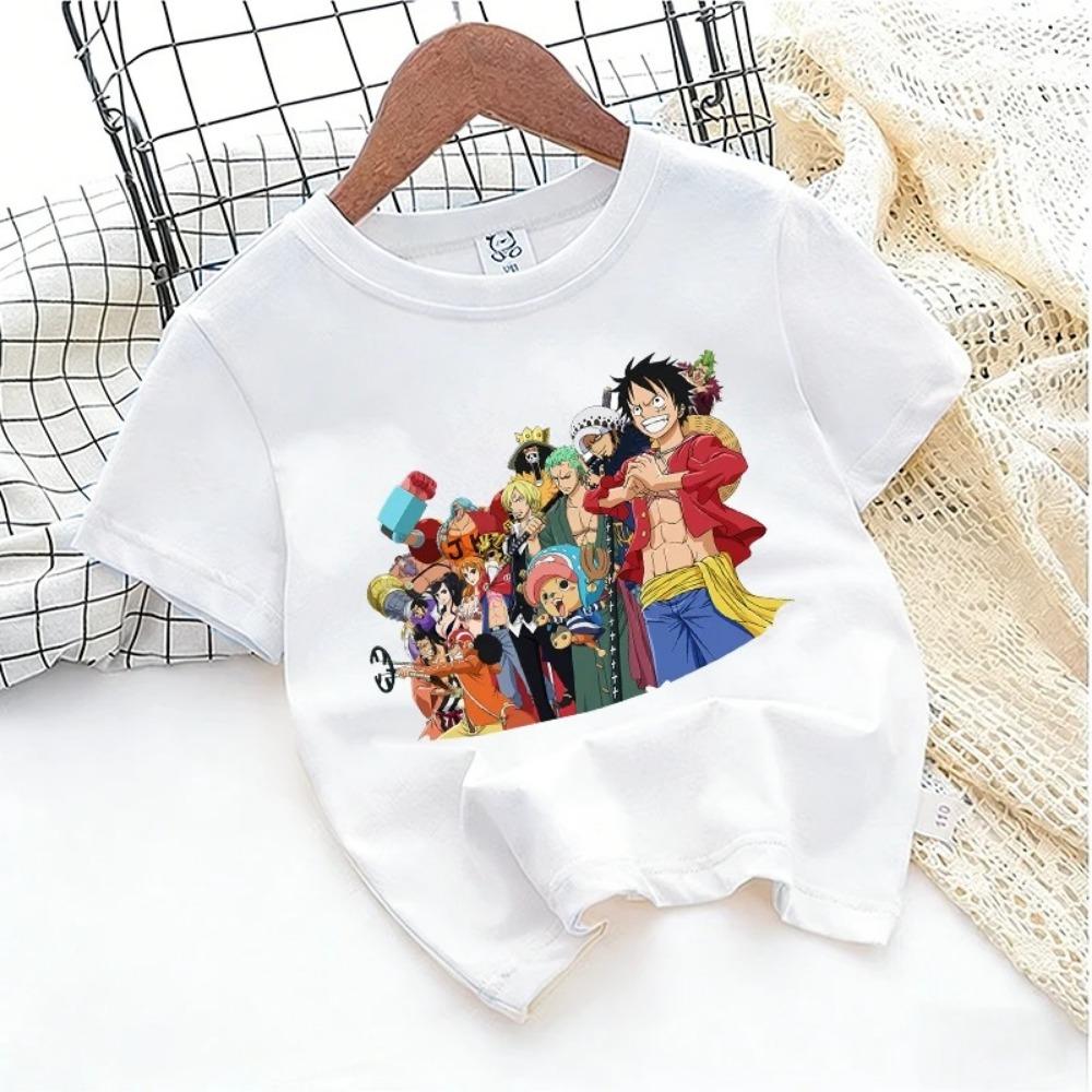 One Piece Anime Children's T-shirt Zoro Luffy Cartoon Print Pure Cotton T-shirt Street Casual Short-sleeved Kids Clothing Top