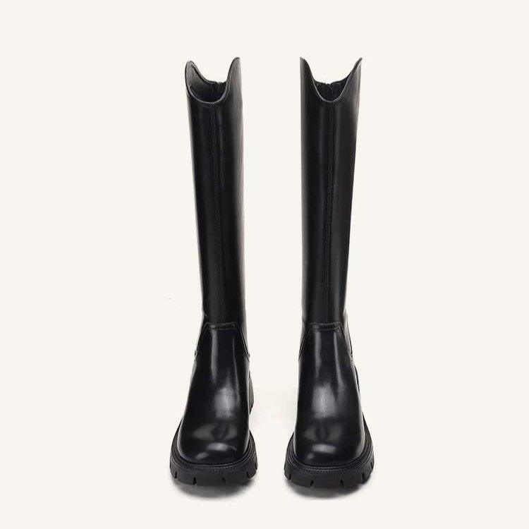 Long Boots, Real Soft Leather V-mouth New Women's Autumn and Winter Velvet Brown Heightened Thick-soled High Tube Versatile Knight Boots