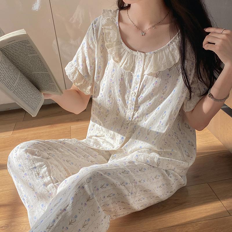 Vernis pure cotton doll collar short-sleeved trousers pajamas women's summer open button set sweet loungewear can be worn outside