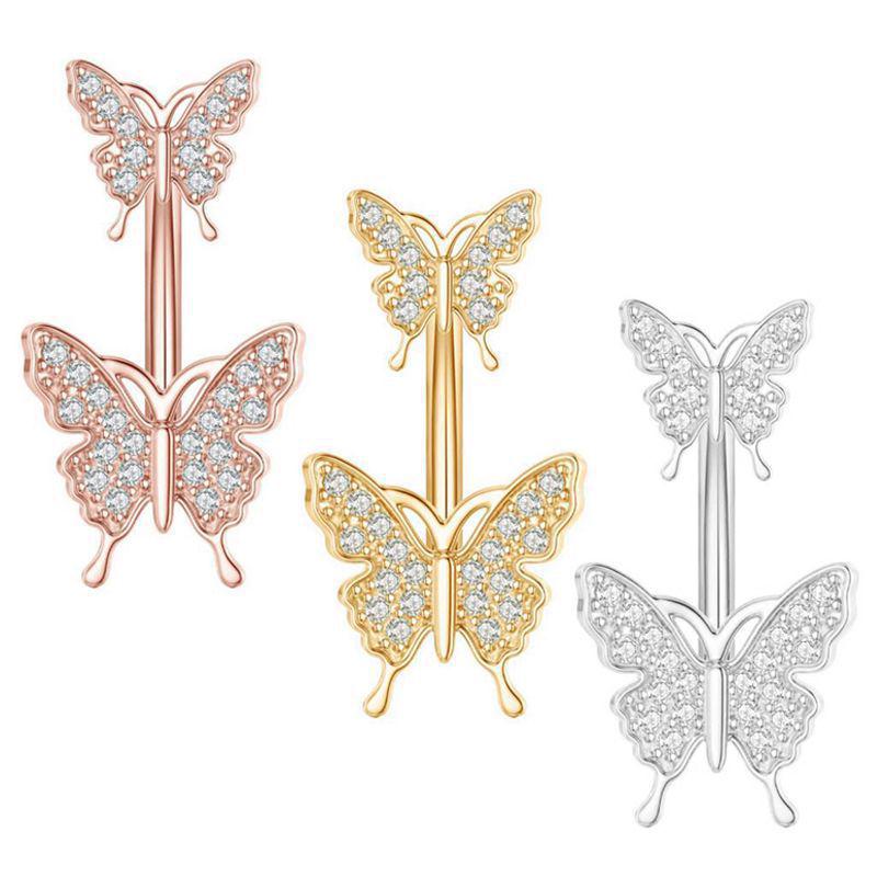 Exotic Butterfly Heart Bow Zircon Inlaid Navel Ring, 316 Stainless Steel, European & American Style