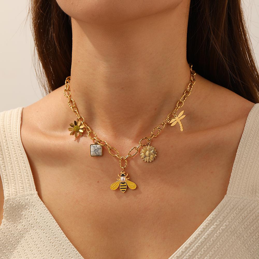 316L Stainless Steel Pearl Inlay Yellow Bee Lotus Sunflower Dragonfly Pendant Necklace Women New Trend Neck Chain Gifts