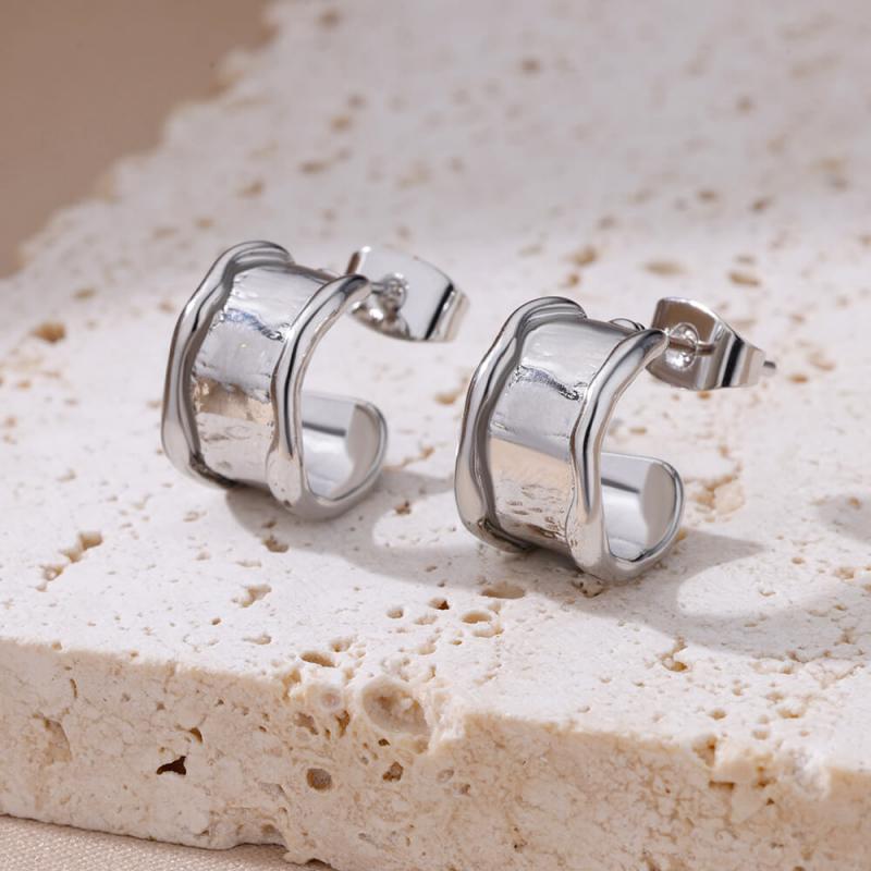 Stainless Steel Earrings for Women C Shaped Wide Gold Plated Piercing Hoop Stud Earring Female Fashion Jewelry Accessories Gift