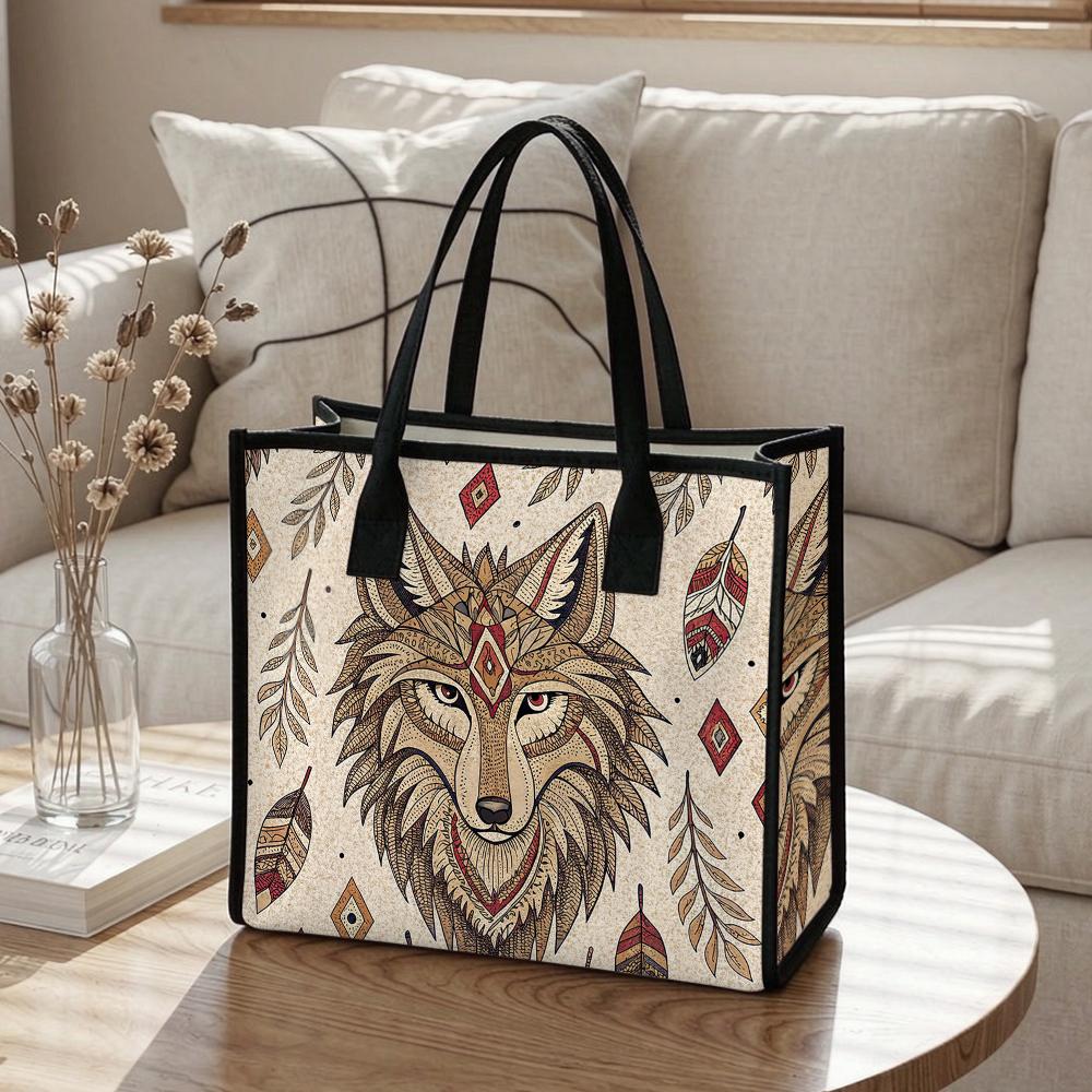 Bohemian Wolf Pattern Tote Bag Casual Daily Use Large Capacity Carry Bag for Women Lightweight Stylish Commuter Handbag
