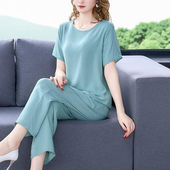 Summer Cotton Silk Women's Loose Two-Piece Set: Solid Color Short Sleeve Top and Long Pants, Plus Size Casual Wear.