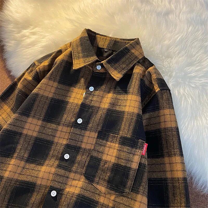 Dame Retro Rutete Langermet Skjorte - Løs Passform, Pluss Størrelse, Koreansk Stil, Vår Yttertøy