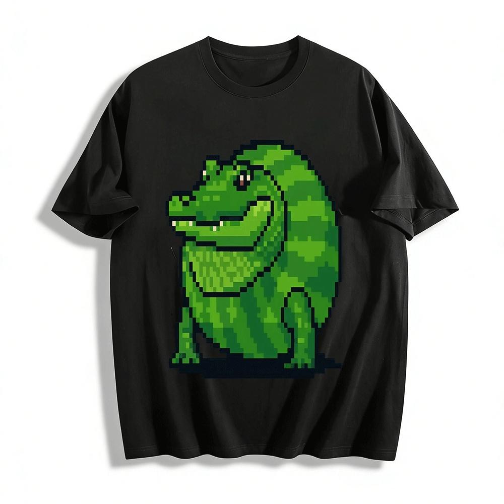 

Retro Pixel Style Crocodile Print Casual T-Shirt Unisex Loose Top Pure cotton T-shirt XXS