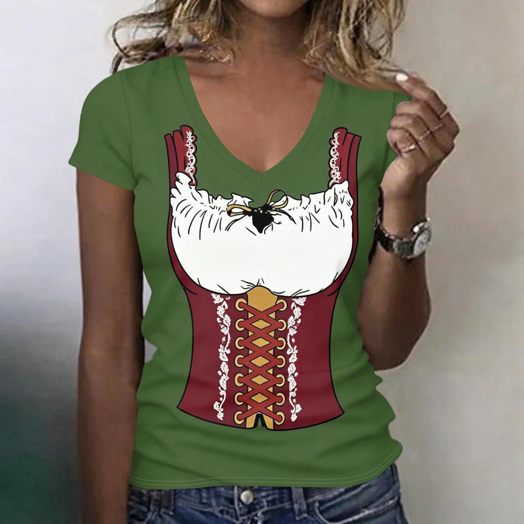 Camiseta casual de manga corta con cuello en V para mujer, top con estampado de Oktoberfest, tejido ligero y suave, ajuste cómodo, camiseta de verano