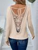 Elegant Women's V-neck Patchwork Fashionable Lace Back Tied Bow Long Sleeved T-shirt Top