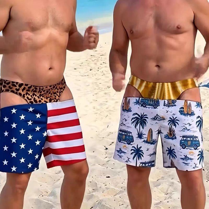 Men's Novel 3D Fake Hip Printed Swimming Pants with Fun Mischief Design Drawstring Summer Beach Surfboard Swimming Shorts