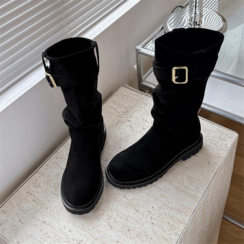 Fashion Autumn Winter Women Boot Fashion Belt Buckle Round Toe Platform Boots for Women Ladies Shoes Thick Heel Knee Boots Elastic Boots