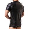 O-Neck Short Sleeve Elastic Men T-shirt Stage Performance Faux Leather Tee Shirt Clubwear