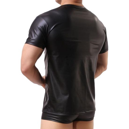 O-Neck Short Sleeve Elastic Men T-shirt Stage Performance Faux Leather Tee Shirt Clubwear