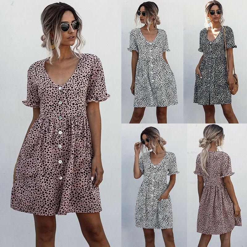 Stylish Women V-neck Holiday Mini Dress Featuring Elegant Polka Dot Design And Pockets