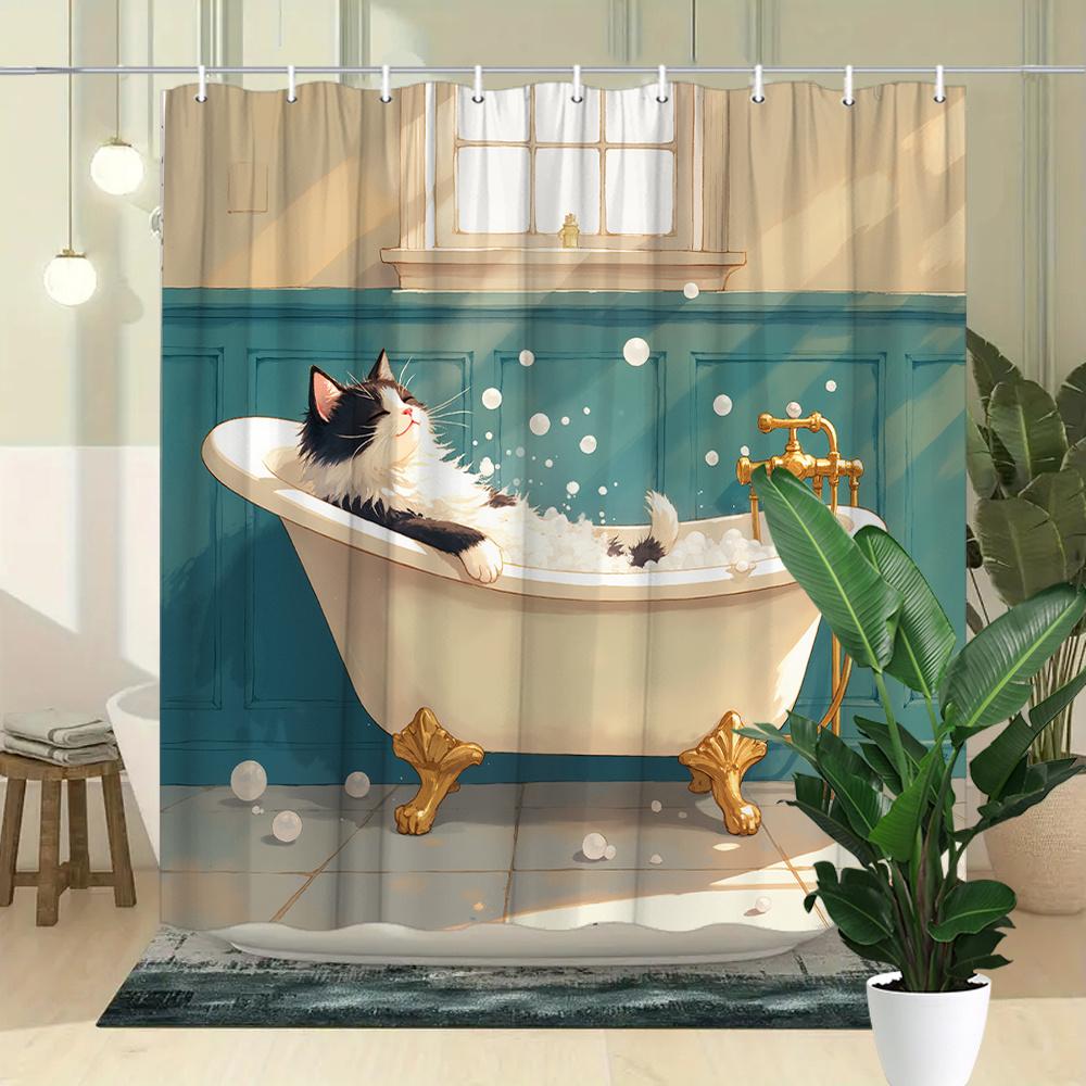 Comfortable Cat Shower Curtain Modern Relaxing Bathroom Decorative Shower Curtain 180X 180Cm With 12 Hooks