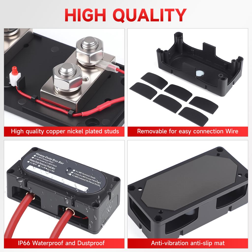M10 4 Terminal Power Distribution Block Bus Bar 12-48V 750A for Automobile Boat RV Screw Terminal Power Distribution Block