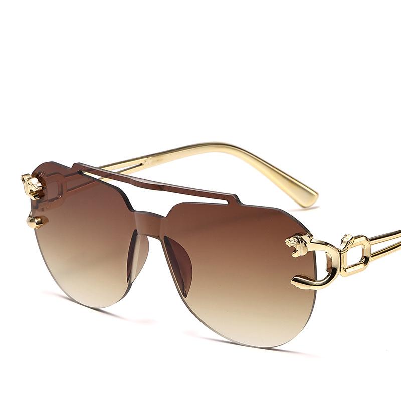 New Fashion Rimless Sunglasses For Men Double Bridge Style Leopard Aviator Frame Oval Female Sunglasses Glasses For Women Uv400