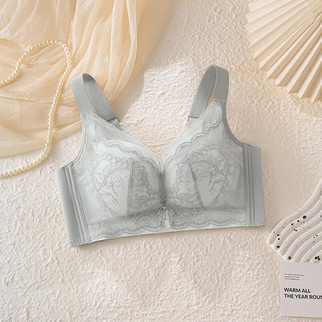 Non-magnetic steel rim bra, light and thin, large breasts, small lace bra, four-breasted breast adjustment type, large size.