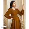 New Long-sleeved Turmeric V-neck Hand-sewn Diamond Dress