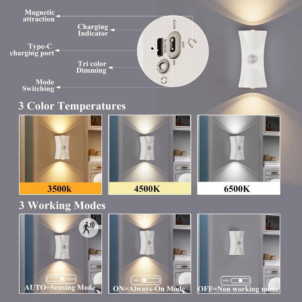 Adjustable Brightness LED Wall Lamp Wireless Magnetic Base Rechargeable Night Light ABS Body 3 Color