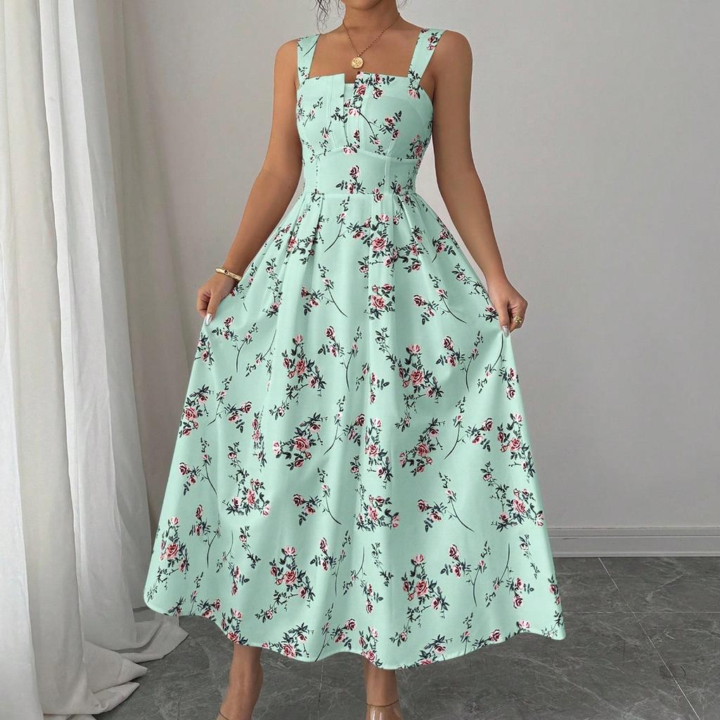 Women Sleeveless Square Neck Floral Print Maxi Dress Casual Loose Fit Long Sundress Lightweight Summer Wear