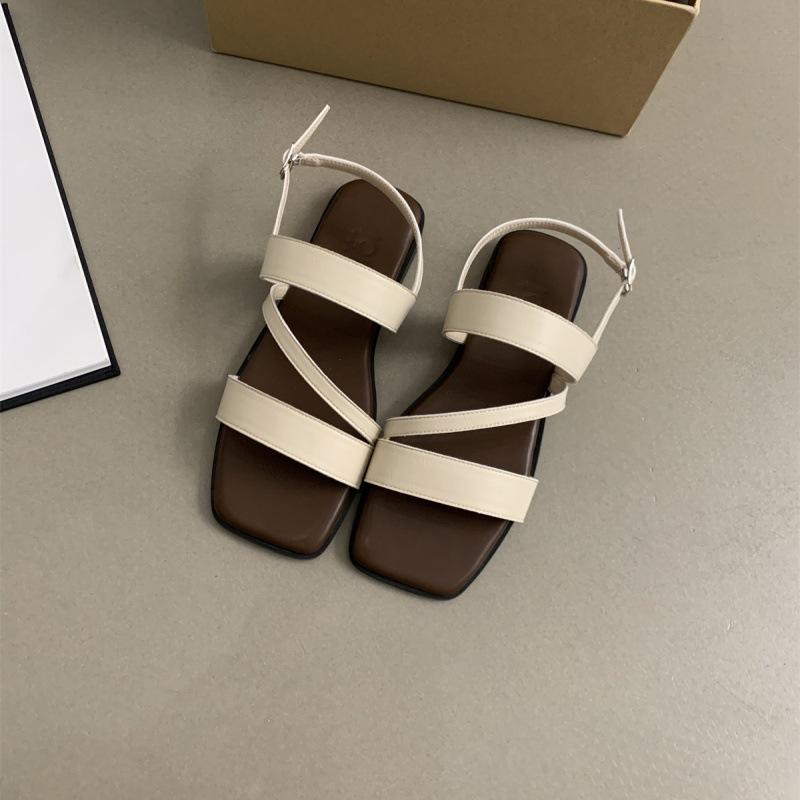 Open-toed sandals women's summer wear 2025 new Korean version retro fairy style one-word buckle belt soft flat-soled Roman shoes