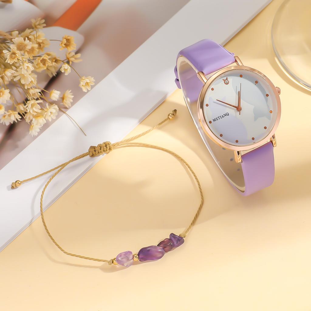 No Gift Box; Cute Cartoon Cat Belt Quartz Watch   Purple Crystal Bead Bracelet 2-piece Set