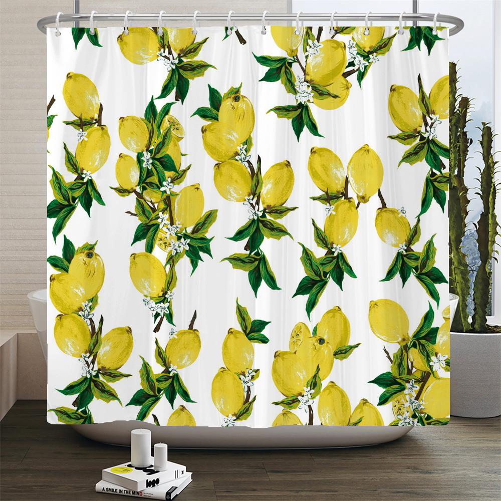 Summer Fruits Shower Curtain Cute Liner Peach Lemon Pineapple Orange Print Bath Curtain With Hooks Waterproof For Bathtub Decor