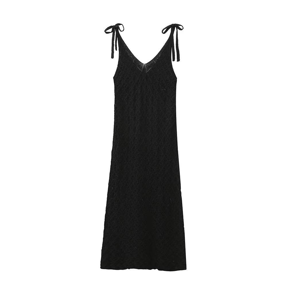 Sleeveless Backless Summer Lady Hollow Knit Dresses Women Beige Cotton Halter Dress