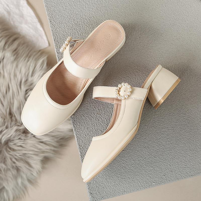 

1 piece of casual pearl fashionable and simple square head one-word buckle with shallow mouth flat bottom bag head half drag single shoes women s 40 абрикосовый