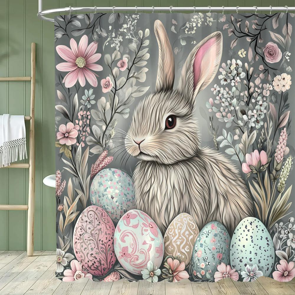 Paaseieren Douchegordijn, Schattig Konijn Bedrukt Badkamer Decoratief Douchegordijn, Stof Huis Gordijn met Haken