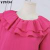VONDA Women Casual Ruffled Round Neck Long Sleeve Solid Color Blouses
