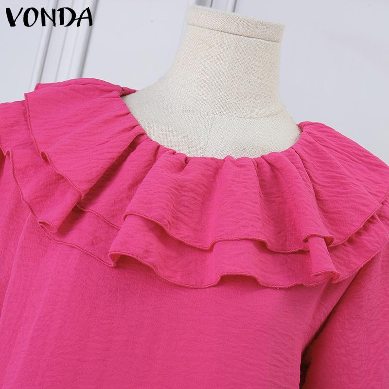 VONDA Women Casual Ruffled Round Neck Long Sleeve Solid Color Blouses