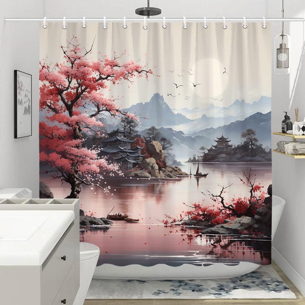 Shower Curtain Red Plum Blossom Branch Japanese Chinese Oriental Sun Misty Mountains Ink Nature Landscape Bathroom Curtains