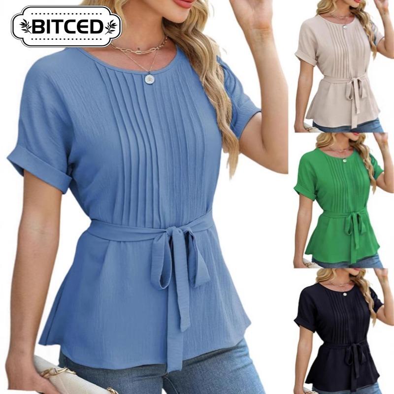 BITCED Women's Fashion Casual Solid Color Print Short Sleeve O-Neck Blouses & Shirts Unique Design
