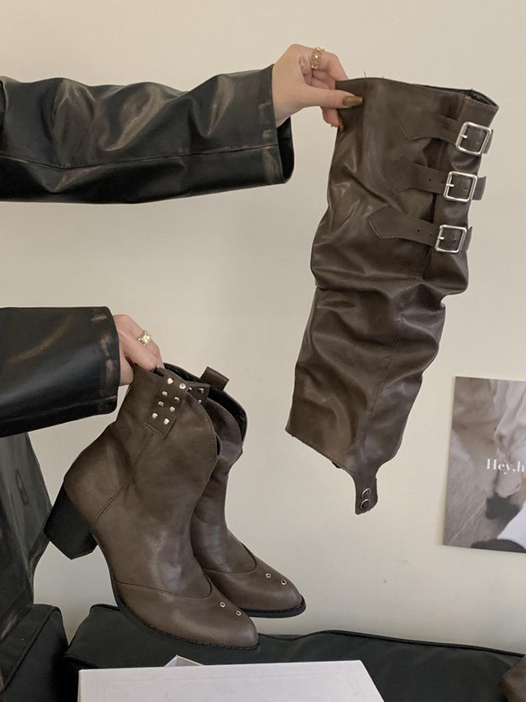 Two Belt Buckle Long Tube But Knee Long Boots Punk Pointed Western Cowboy Boots Retro Tall Knight Boots