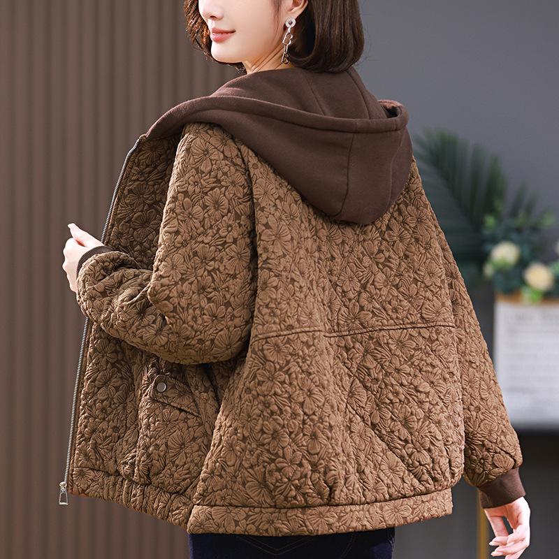 

Модная легкая стеганая хлопковая куртка для женщин 2024 - Короткая, свободного кроя, жаккардовый дизайн, идеально подходит для женщин среднего и пожилого возраста осенью и зимой M (recommended 100-118 jin) кофейный