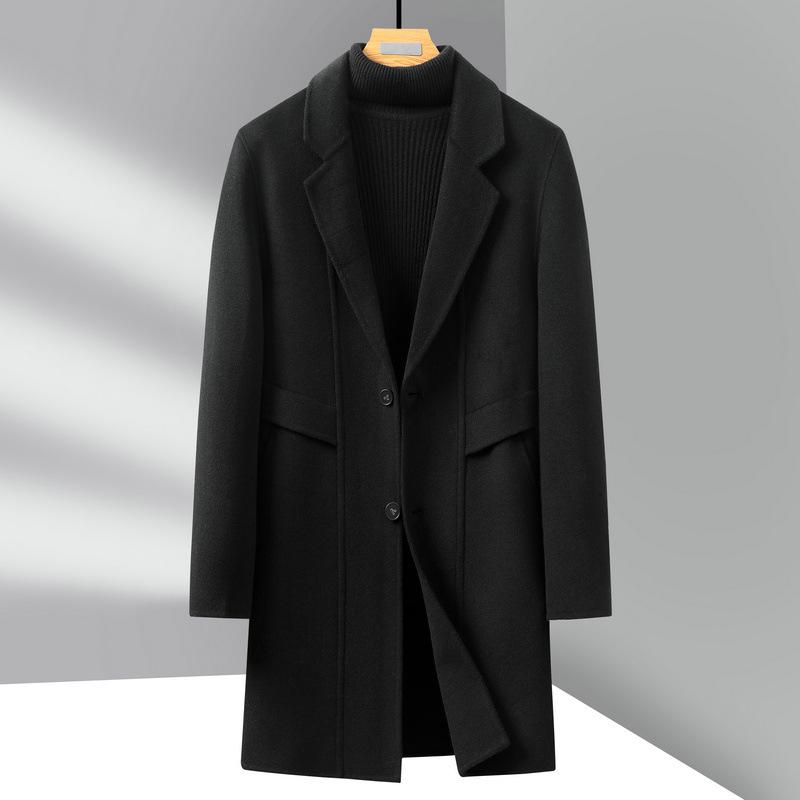 Men's Mid-Length Double-Sided Woolen Coat, Suit Collar, Korean Style, Casual Jacket for Autumn Winter.