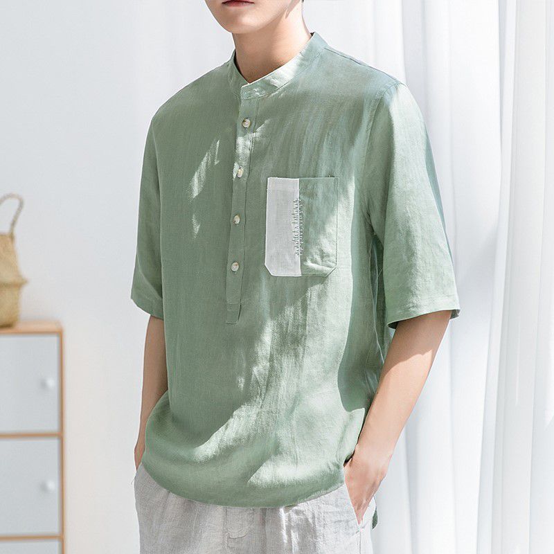 

Рубашка с коротким рукавом и воротником-стойкой, мужская футболка с рукавами длиной три четверти, летняя модная повседневная свободная футболка с короткими рукавами и воротником-стойкой