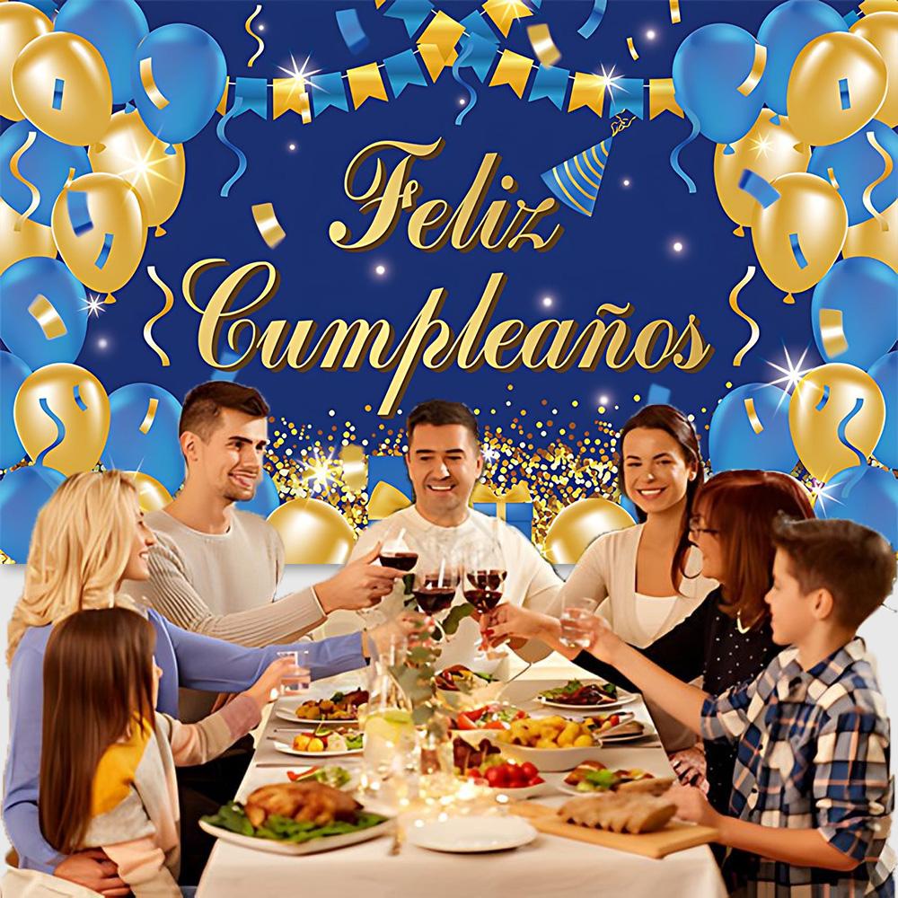 Blue Gold Feliz Cumpleaños Spanish Birthday Background Balloons Birthday Party Decoration Banner Supplies Adult Photo Shoot Prop