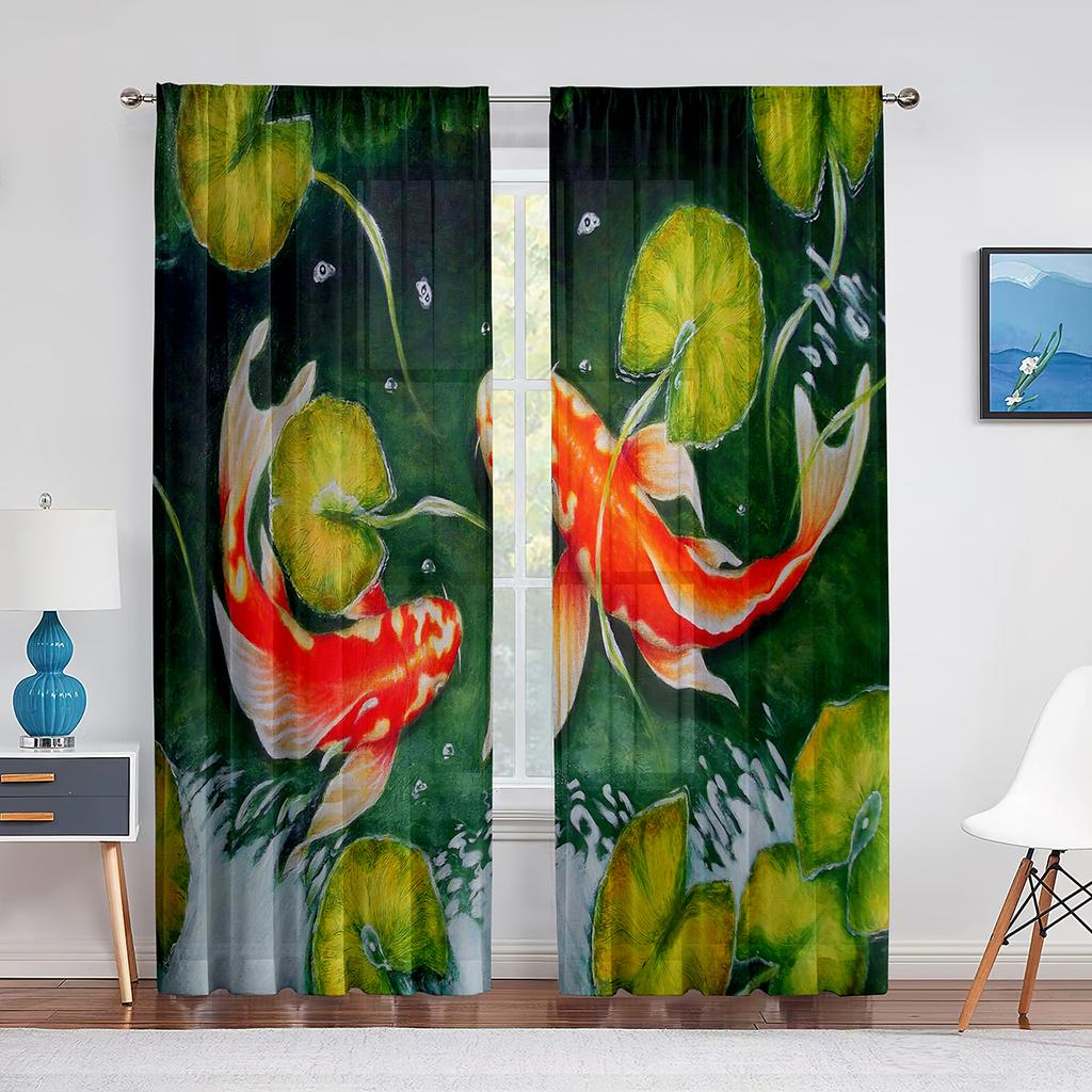 Goldfish Koi Fish Ink Painting Leaves Tulle Curtains for Living Room Bedroom Decor Chiffon Sheer Voile Kitchen Window Curtain