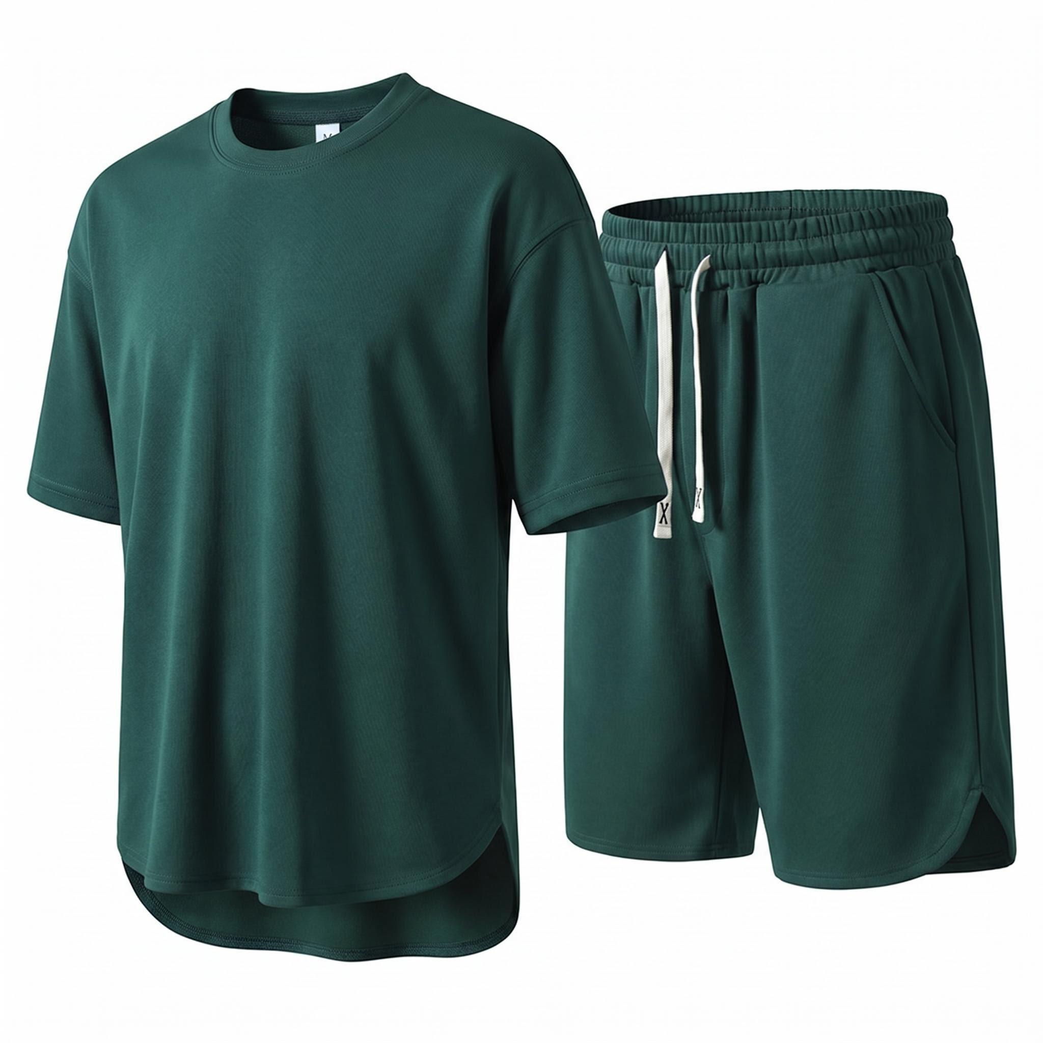 

Men s Heavyweight Cotton Lounge Set 2 Piece Camel Brown T-Shirt and Shorts Side Slit Drawstring Summer Casual Outfit 3XL зелений
