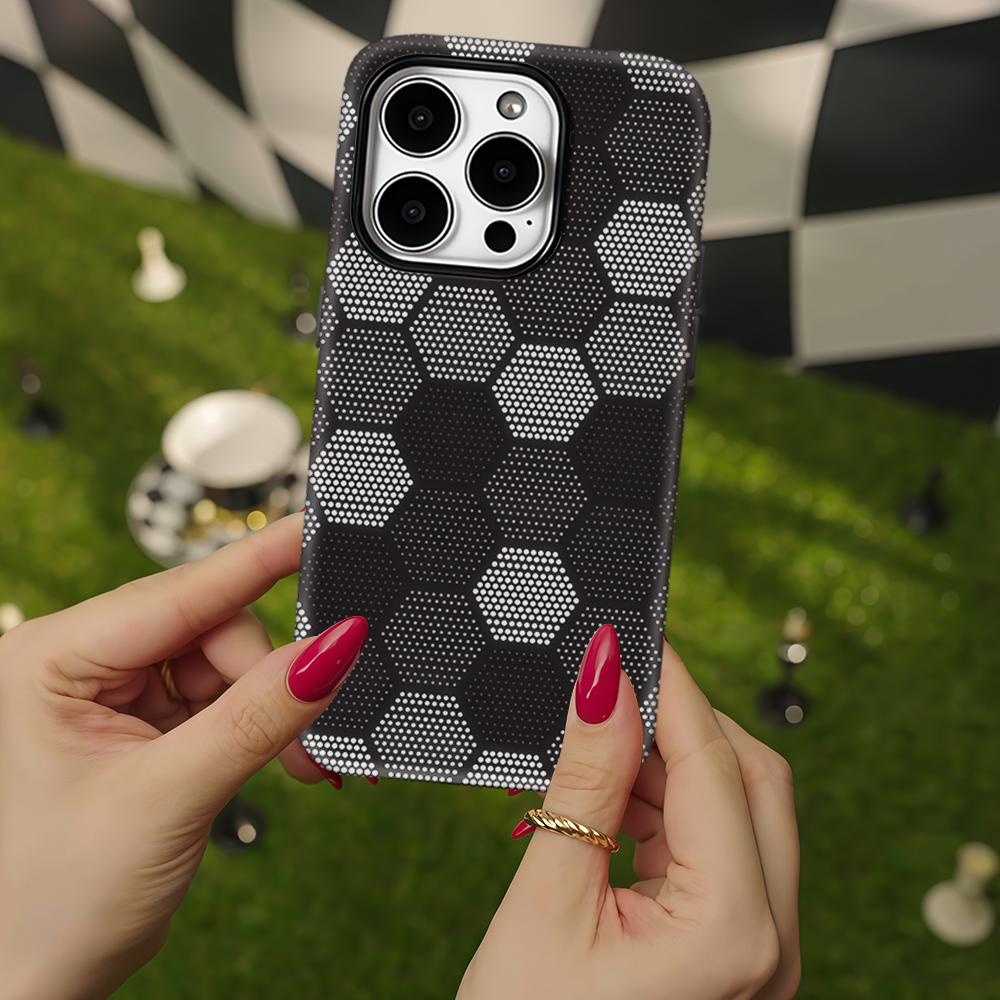 Coque de téléphone hexagonale noire à pois pour iPhone 17 16 15 14 13 Pro Max Plus pour coque rigide magnétique à une ou deux couches