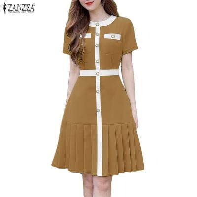 Women Casual Round Neck Short Sleeve Elegant Pleated Dress