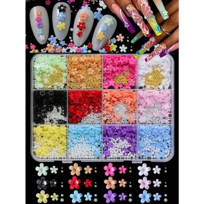 12 Compartiments/Boîte Charms Mini Fleurs Colorées pour Ongles Art Floral 3D Acrylique Avec Perles Dorées Argentées Perles pour Ongles Décoration pour Manucures