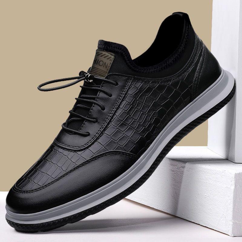 Men's Round Toe Casual Shoes, Slip-On Plaid Business Formal Shoes, Korean Style Soft Sole Men's Skate Shoes