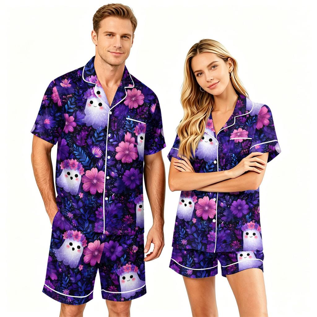 Couples Halloween Pajama Set Short Sleeve Button Down Shirt and Shorts Soft Casual Sleepwear S to XXXXL Matching Loungewear