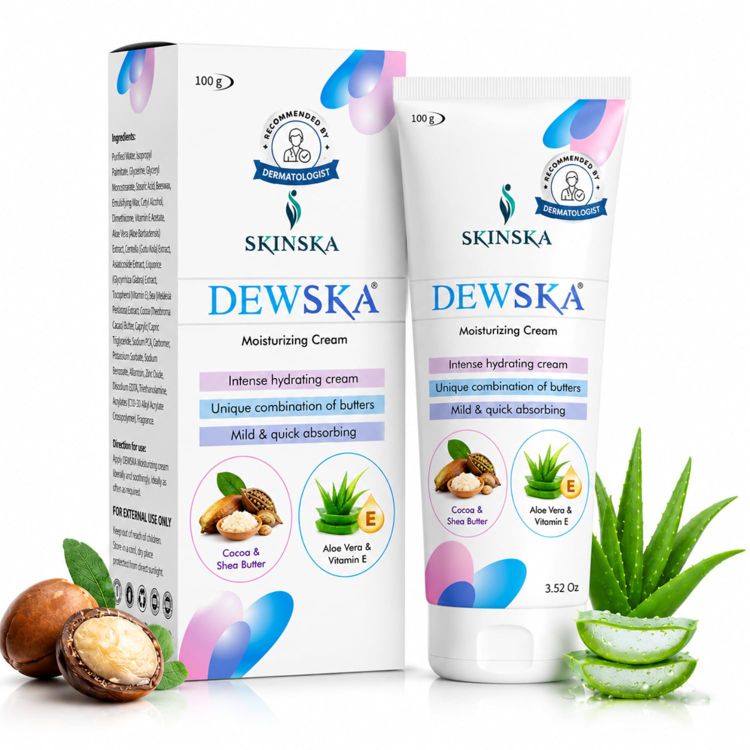 SKINSKA NATURALS Dewska Moisturizing Cream (100g) | With Cocoa & Shea Butter, Aloe Vera & Vitamin E | Deep Hydration for Rough & Dry Skin | Daily F