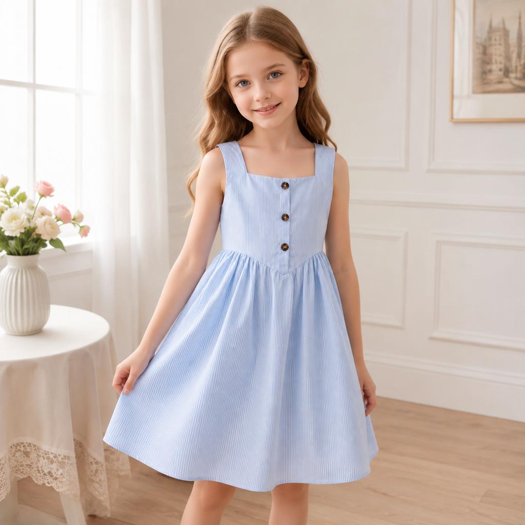 Girls' Dress New Spring-Summer Style Square Neck Stylish Striped Casual Vacation Style Strapless Waist-Cinching Long Dress