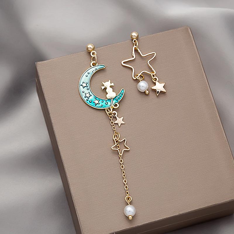 Korean Exquisite Stars Moon Dangle Earrings For Women Cute Kitten Rabbit Flowers Asymmetric Tassel Earring Wedding Jewelry