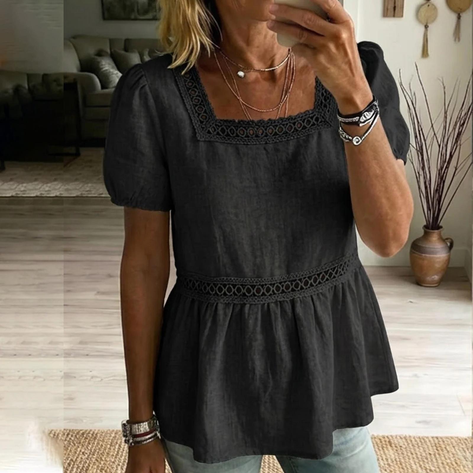 

Женская повседневная рубашка в стиле пэчворк с ажурной вязкой из льна и хлопка L чёрный